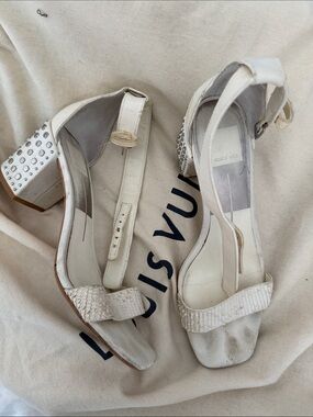 Dolce Vita White Ankle-Strap Block Heel Sandals with Studded Heel